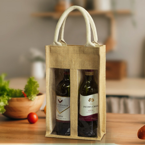 Serena Jute Double Wine Carrier - Positive Signs + Print